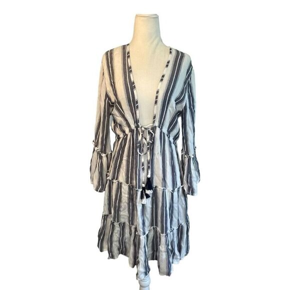 Blue Island Striped Beach Dress Cover-Up White Navy Blue Knit Bell Sleeve Front - Picture 1 of 8